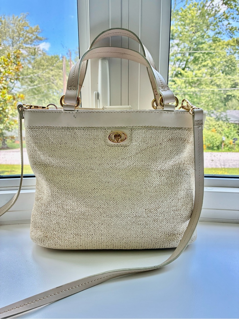 Etienne Aigner Woven Straw Cream Crossbody Bag